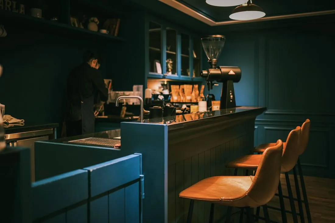 A warm, dimly lit cafe interior